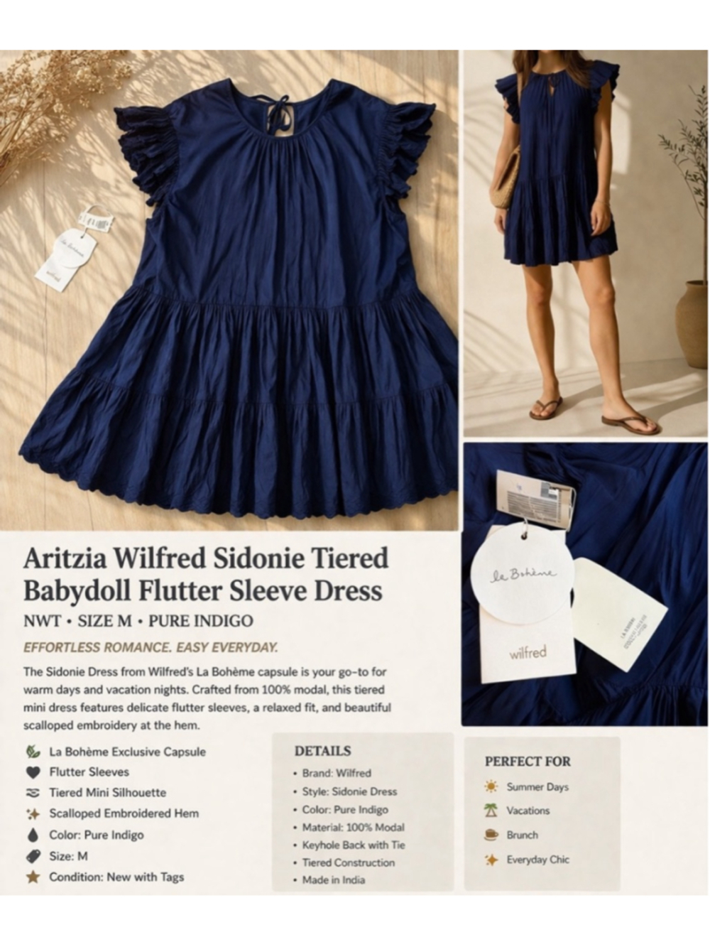 Aritzia Wilfred Sidonie Tiered Babydoll Flutter Sleeve Dress
